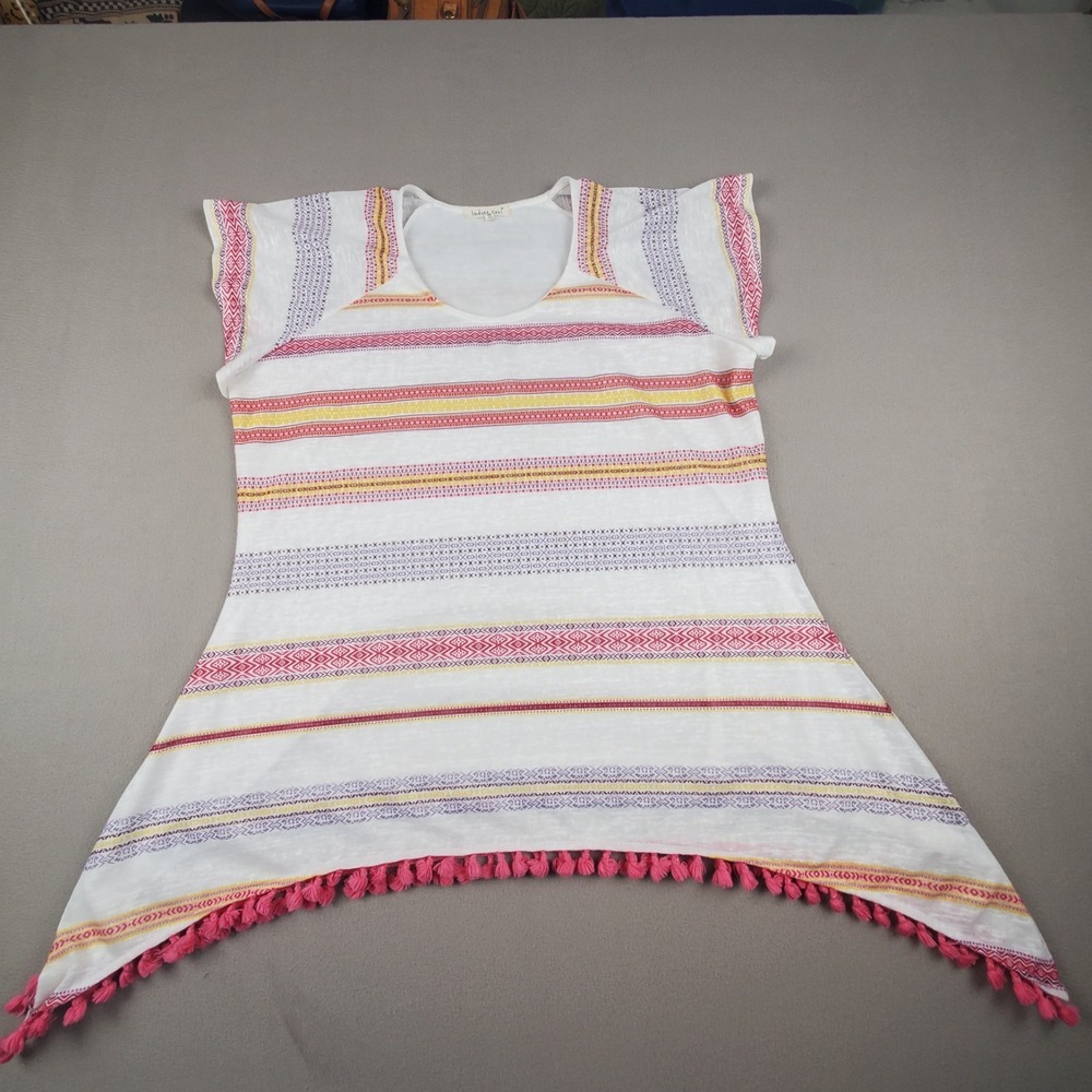 Indigo Soul Tunic Top Womens 2XL White Pink Yellow Fun Pom Poms Boho Cottagecore